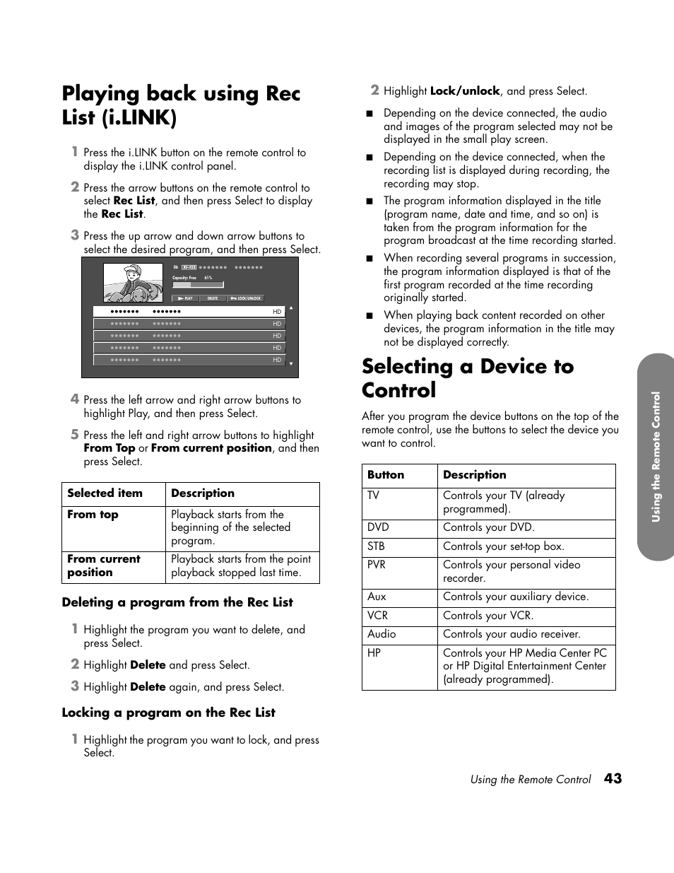 Playing back using rec list (i.link), Selecting a device to control | HP LC3700N User Manual | Page 53 / 118