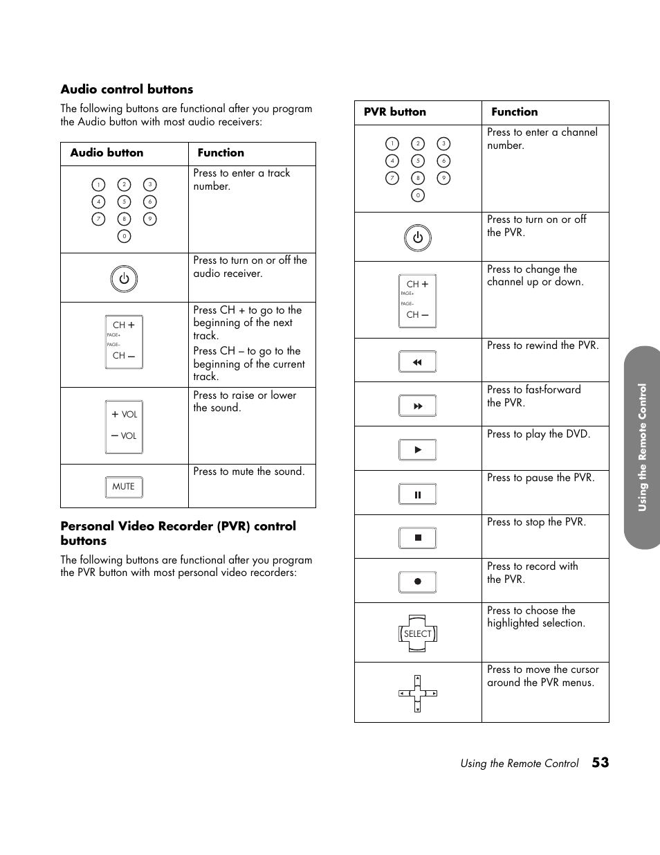 Audio control buttons, Personal video recorder (pvr) control buttons | HP LC3700N User Manual | Page 63 / 118