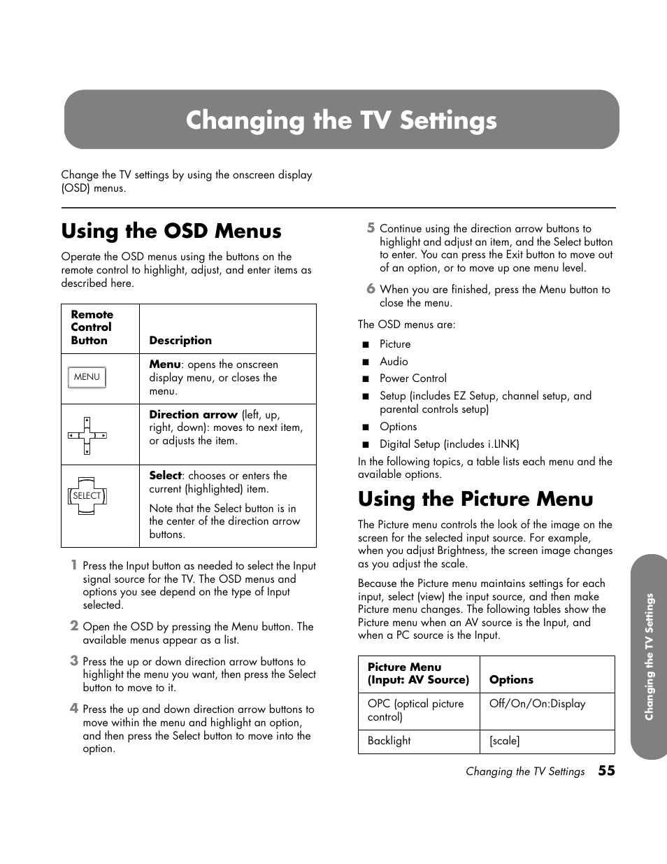 Changing the tv settings, Using the osd menus, Picture menu | Using the picture menu | HP LC3700N User Manual | Page 65 / 118