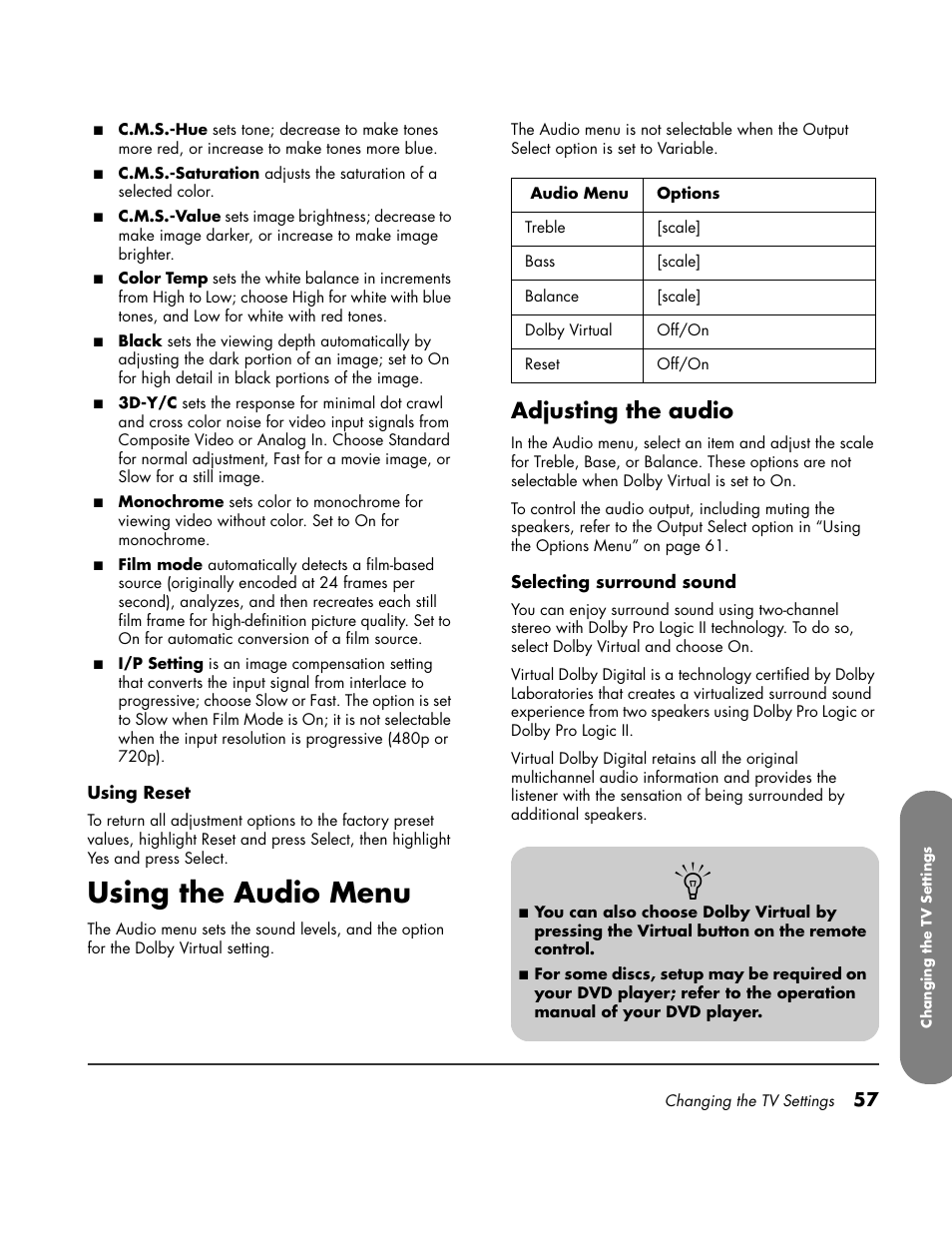 Audio menu, Using the audio menu, Adjusting the audio | HP LC3700N User Manual | Page 67 / 118
