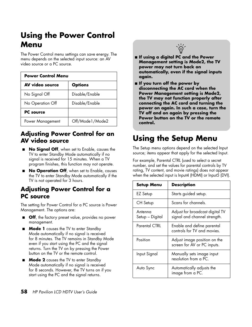 Power control menu, Setup menu, Using the power control menu | Using the setup menu, Adjusting power control for an av video source, Adjusting power control for a pc source | HP LC3700N User Manual | Page 68 / 118
