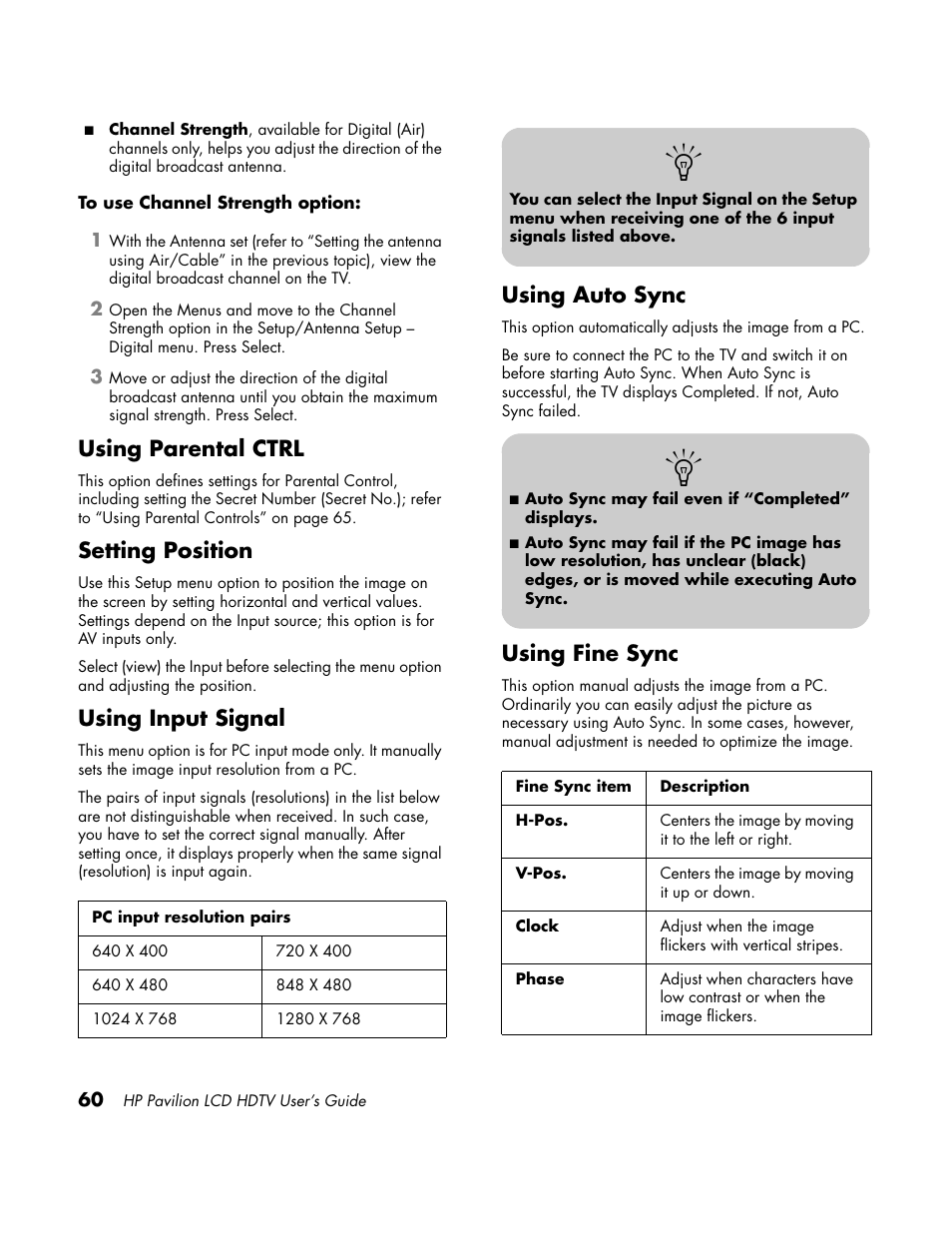 Using parental ctrl, Setting position, Using input signal | Using auto sync, Using fine sync | HP LC3700N User Manual | Page 70 / 118