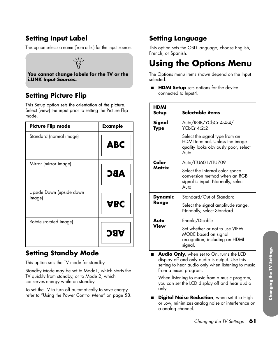 Options menu, Using the options menu, Setting input label | Setting picture flip, Setting standby mode, Setting language | HP LC3700N User Manual | Page 71 / 118