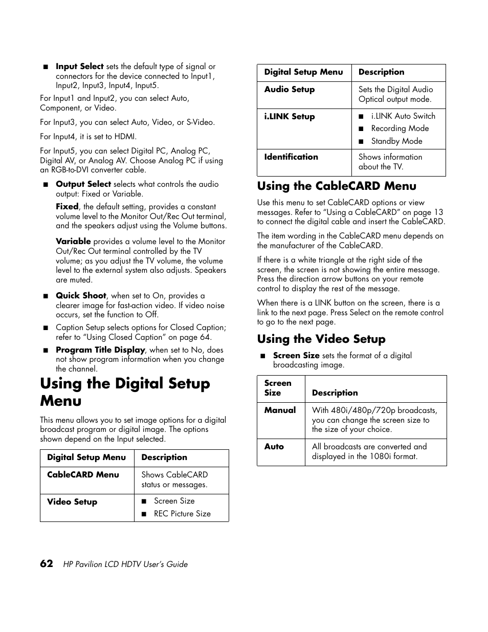 Digital setup menu, Using the digital setup menu, Using the cablecard menu | Using the video setup | HP LC3700N User Manual | Page 72 / 118