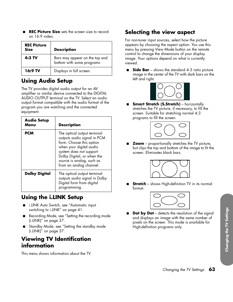Using audio setup, Using the i.link setup, Viewing tv identification information | Selecting the view aspect | HP LC3700N User Manual | Page 73 / 118