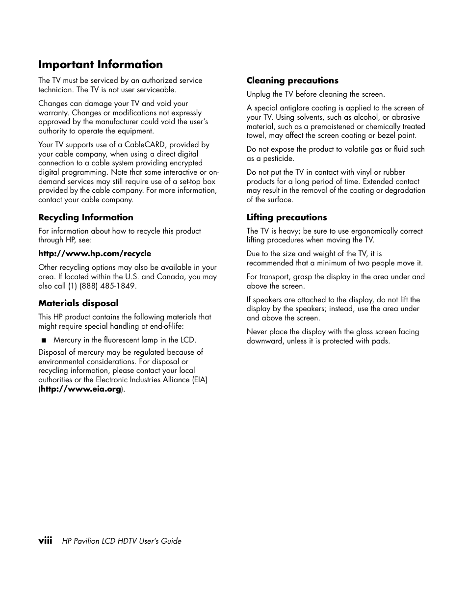 Important information | HP LC3700N User Manual | Page 8 / 118