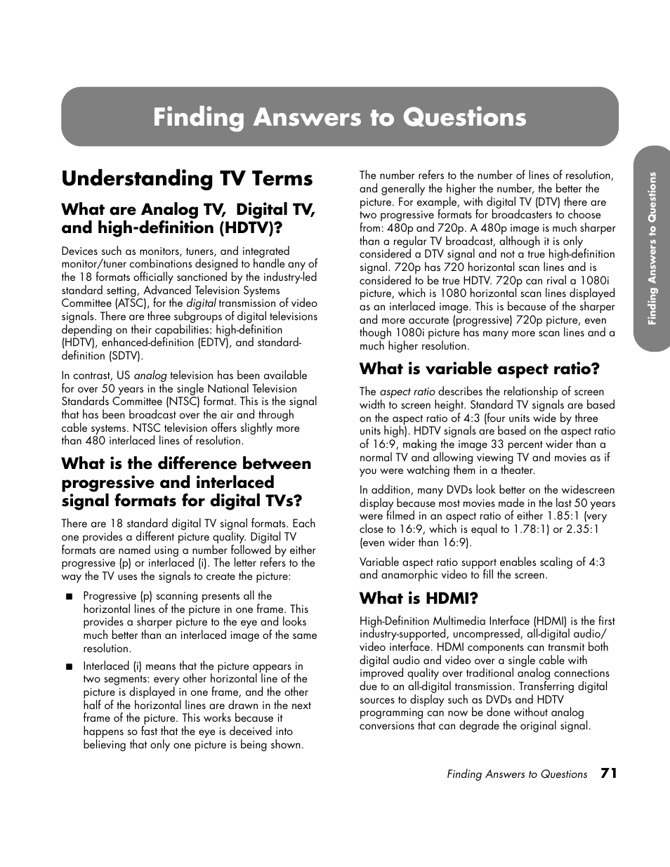Faqs, Finding answers to questions, Understanding tv terms | What is variable aspect ratio, What is hdmi | HP LC3700N User Manual | Page 81 / 118