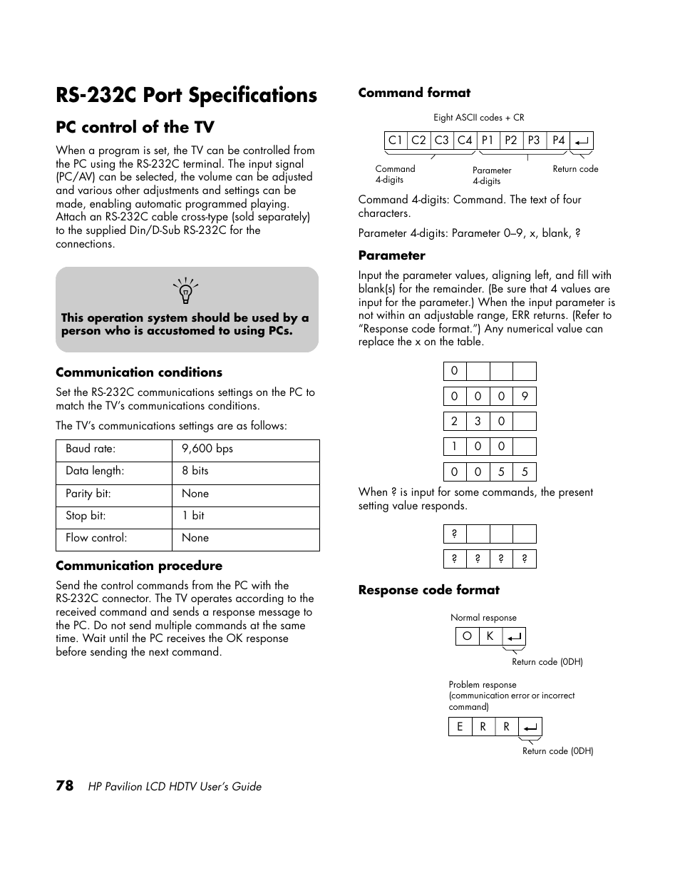 Rs-232c port specs, Rs-232c port specifications, Pc control of the tv | HP LC3700N User Manual | Page 88 / 118