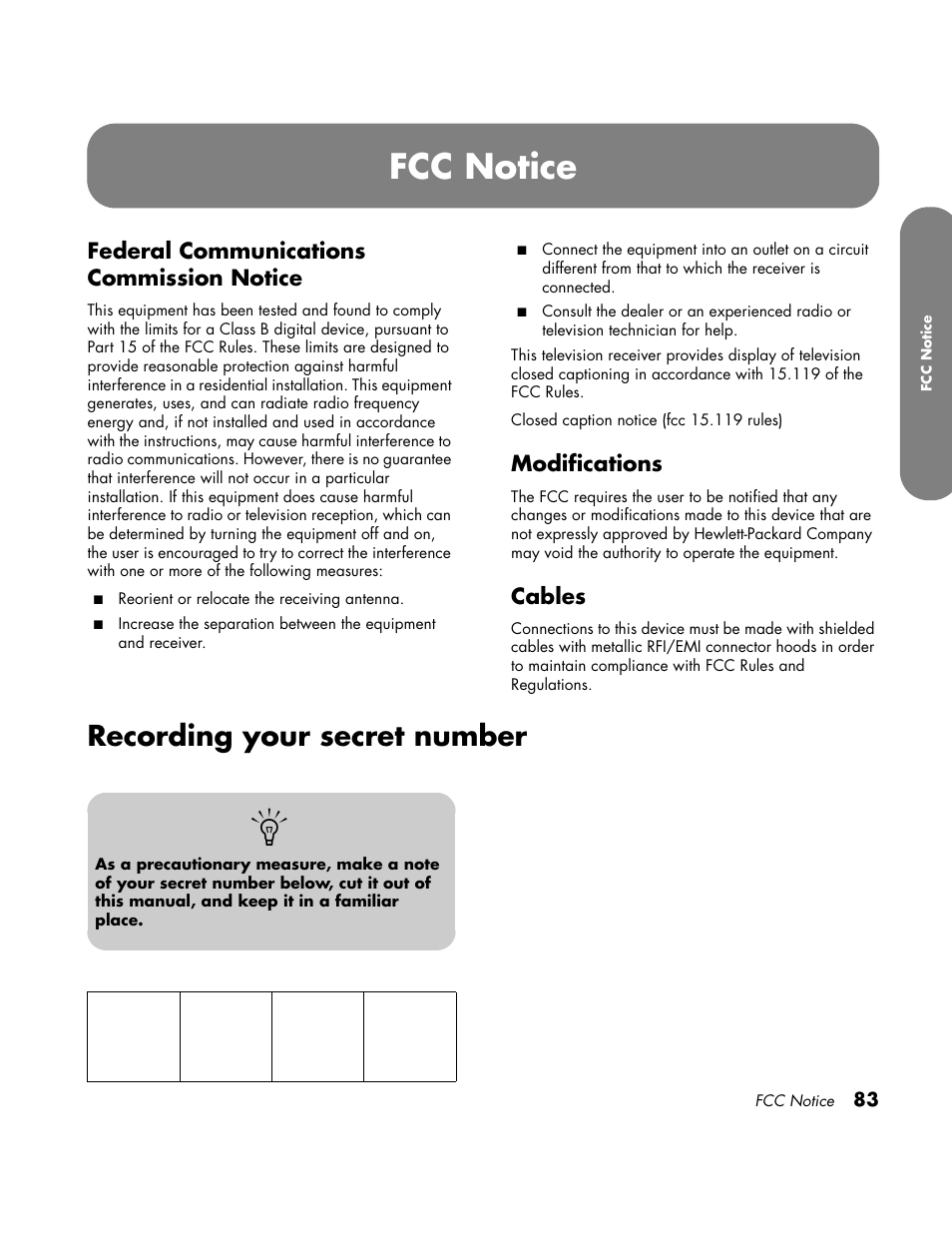 Fcc notice, Recording your secret number | HP LC3700N User Manual | Page 93 / 118