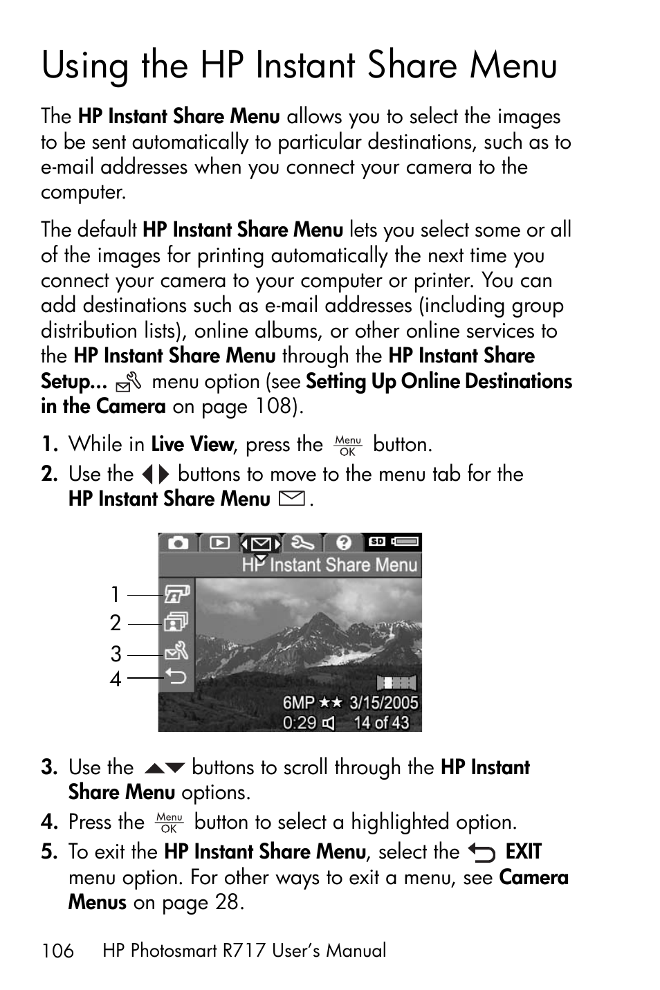 Using the hp instant share menu, Using the hp instant share | HP R717 User Manual | Page 106 / 217