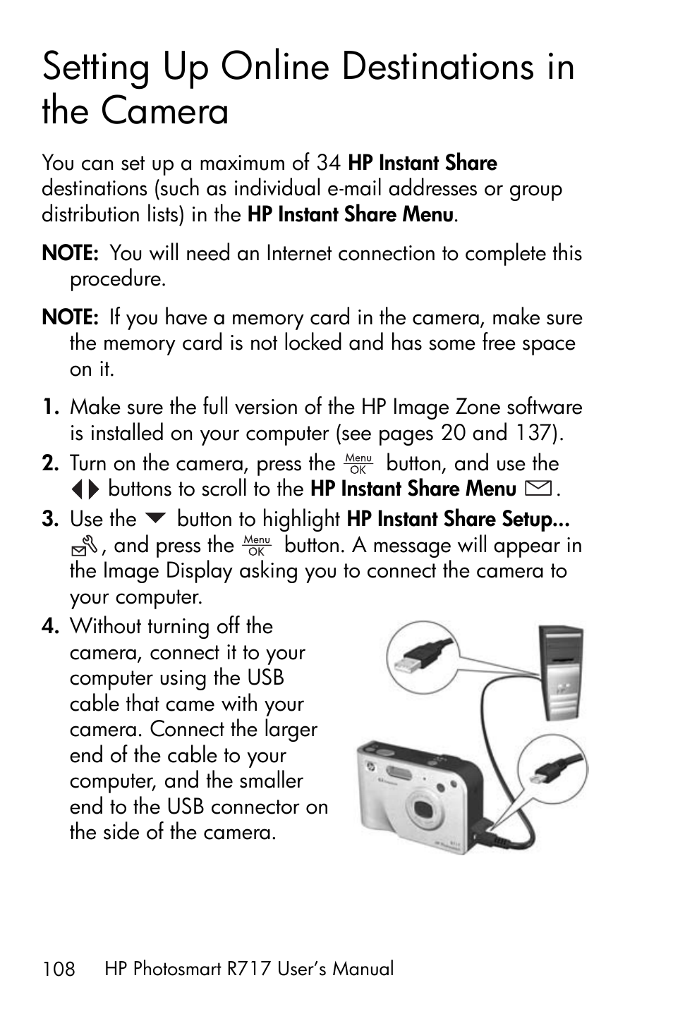 Setting up online destinations in the camera, Setting up online destinations, Ee setting | HP R717 User Manual | Page 108 / 217