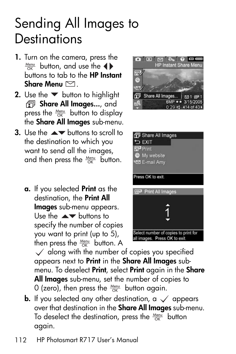 Sending all images to destinations, D sending all images to destinations on, Sending all images to | HP R717 User Manual | Page 112 / 217
