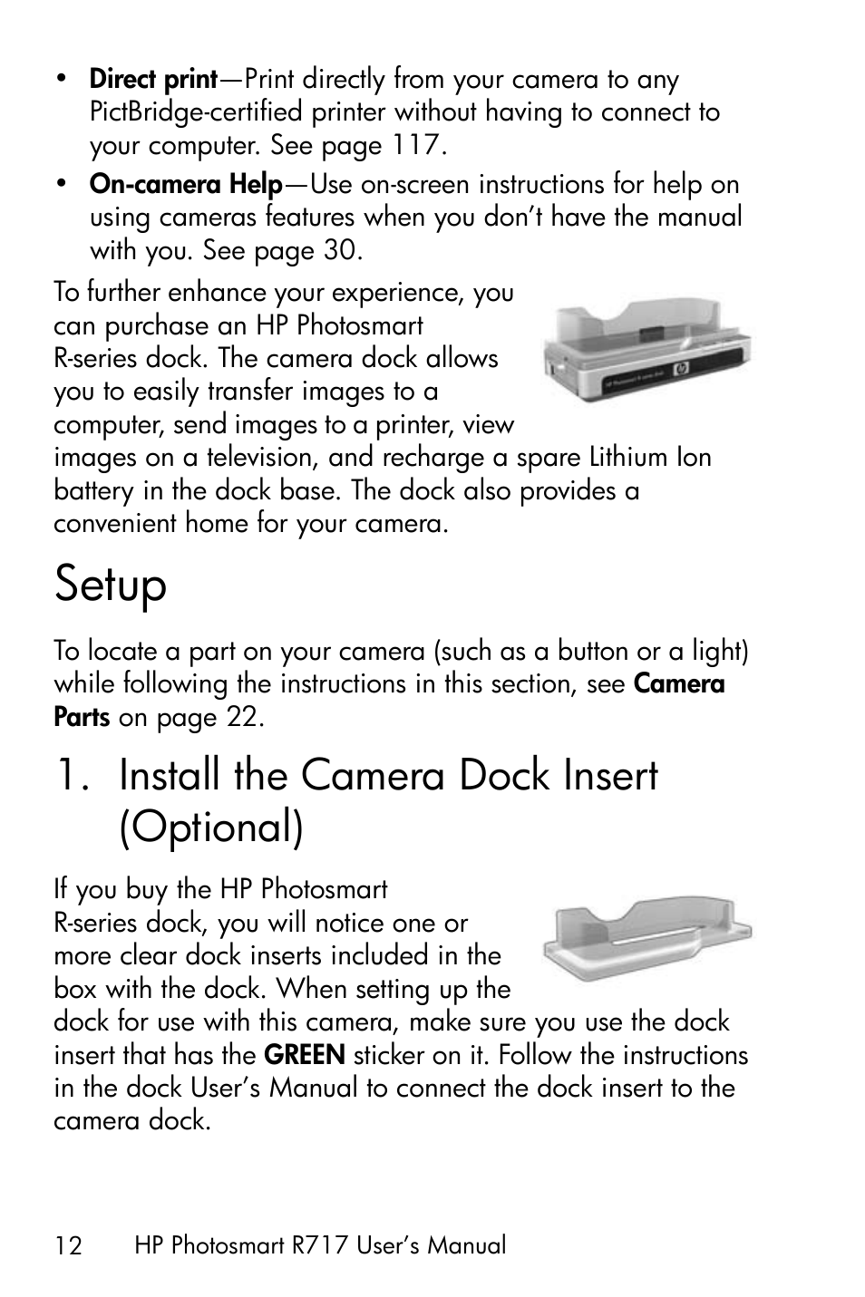 Setup, Install the camera dock insert (optional), 1 install the camera dock insert (optional) . 12 | HP R717 User Manual | Page 12 / 217