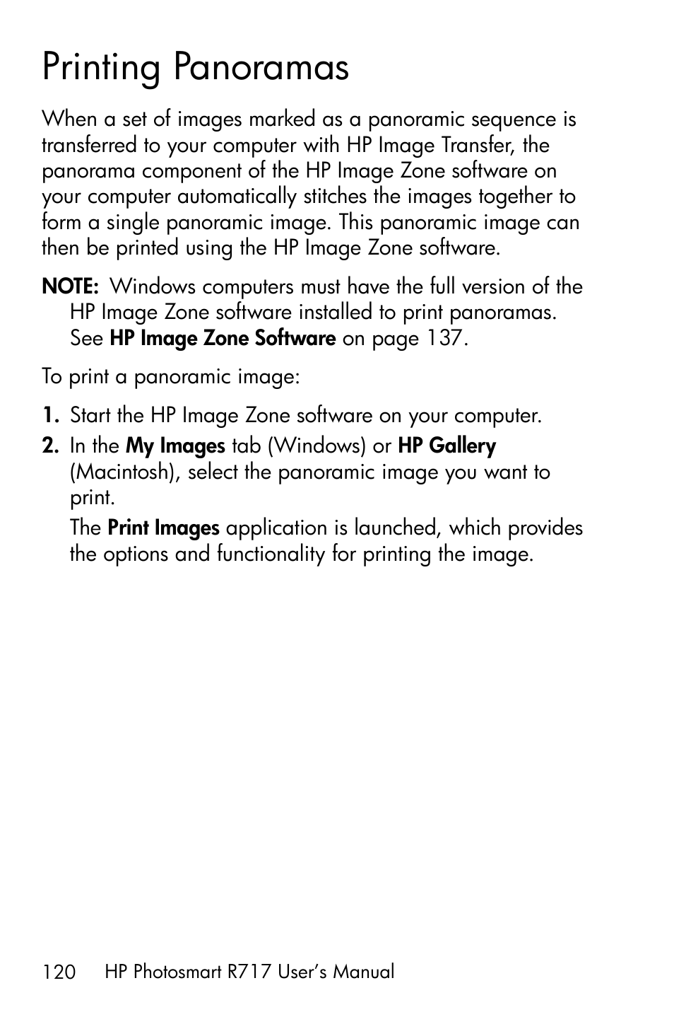 Printing panoramas, Printing | HP R717 User Manual | Page 120 / 217