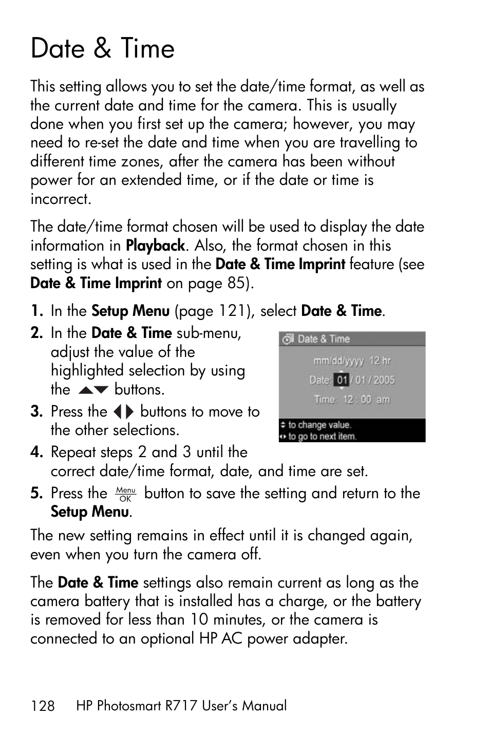 Date & time | HP R717 User Manual | Page 128 / 217