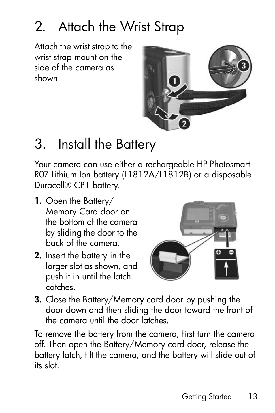 Attach the wrist strap, Install the battery, 2 attach the wrist strap | 3 install the battery | HP R717 User Manual | Page 13 / 217