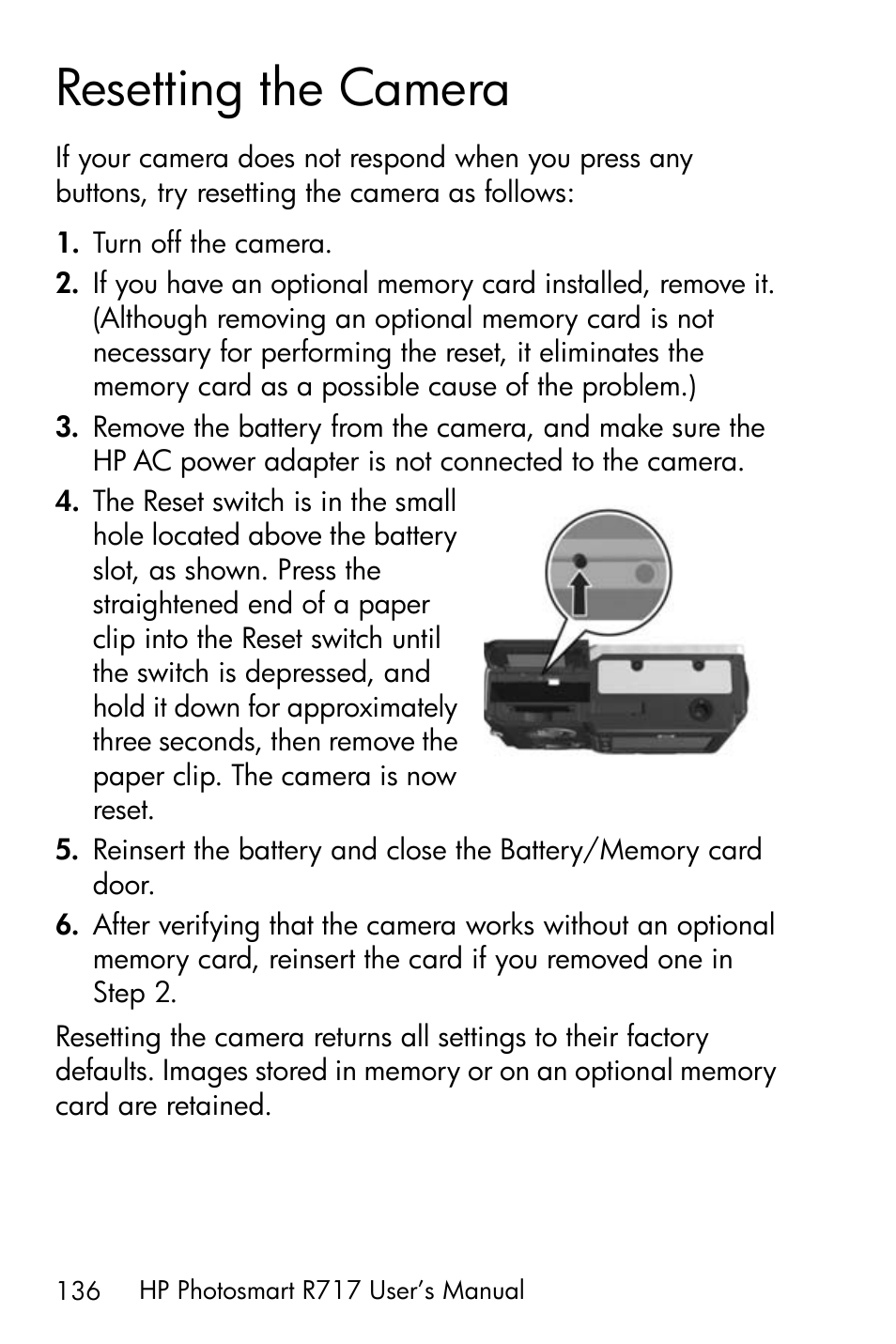 Resetting the camera | HP R717 User Manual | Page 136 / 217