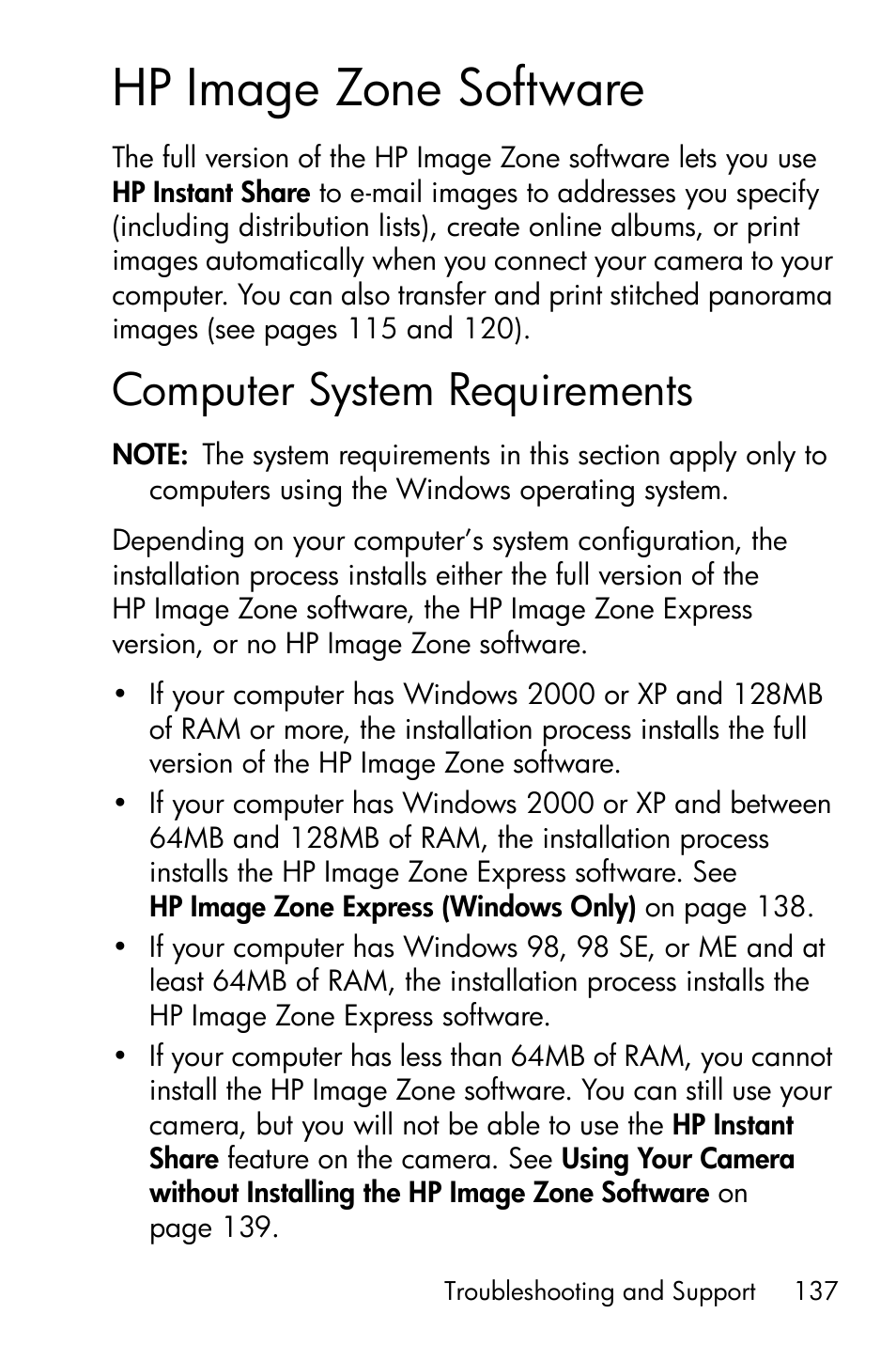 Hp image zone software, Computer system requirements, Hp image zone | HP R717 User Manual | Page 137 / 217