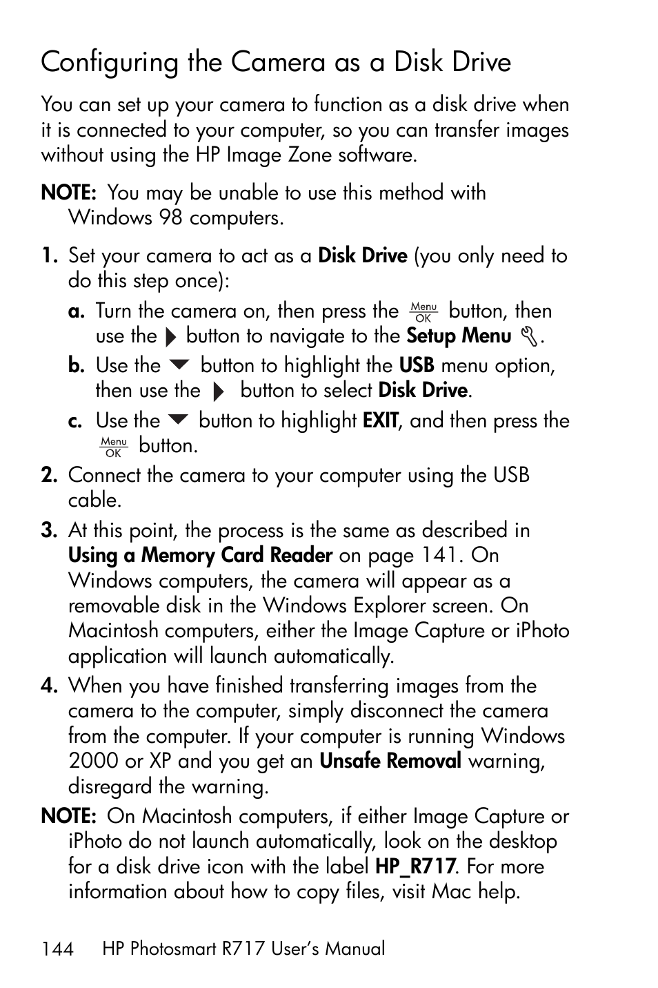 Configuring the camera as a disk drive, Configuring the camera as a disk drive . 144 | HP R717 User Manual | Page 144 / 217