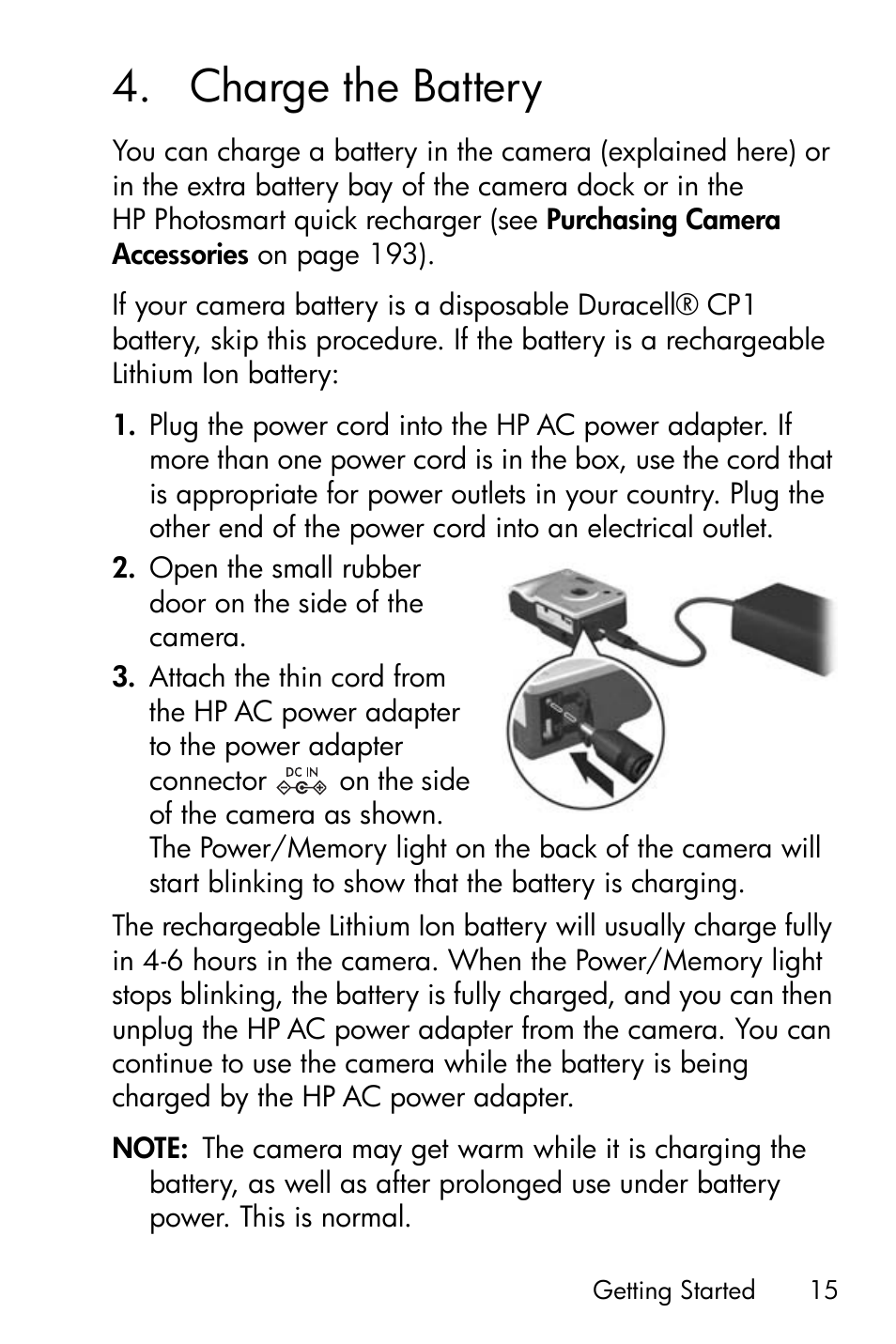 Charge the battery, 4 charge the battery, See charge the battery | HP R717 User Manual | Page 15 / 217