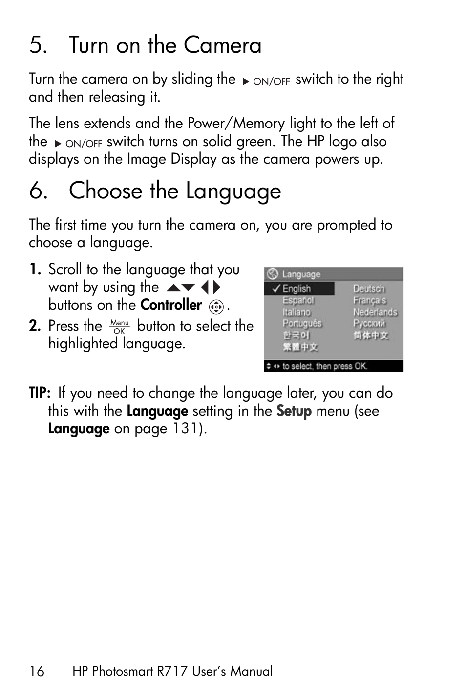 Turn on the camera, Choose the language, 5 turn on the camera | 6 choose the language | HP R717 User Manual | Page 16 / 217