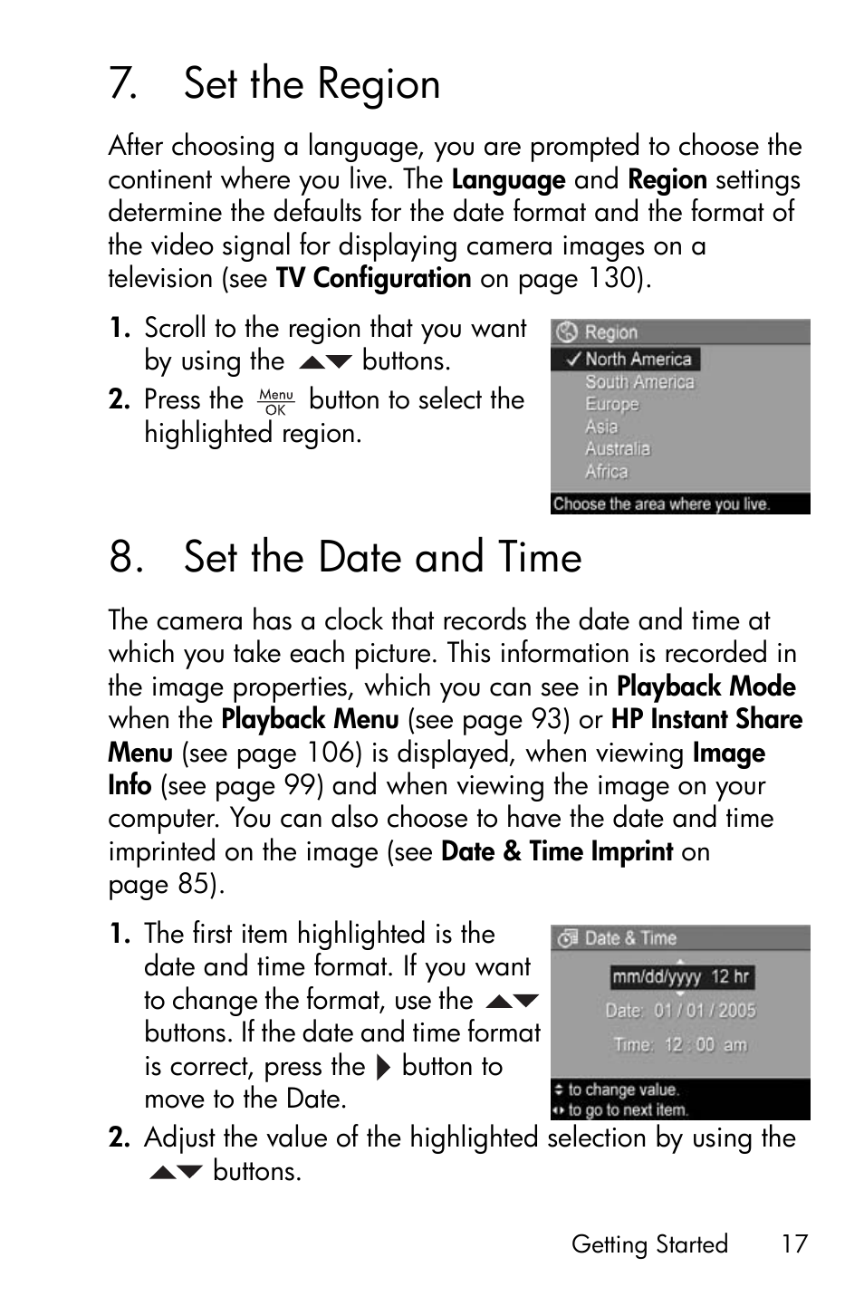 Set the region, Set the date and time, 7 set the region | 8 set the date and time | HP R717 User Manual | Page 17 / 217