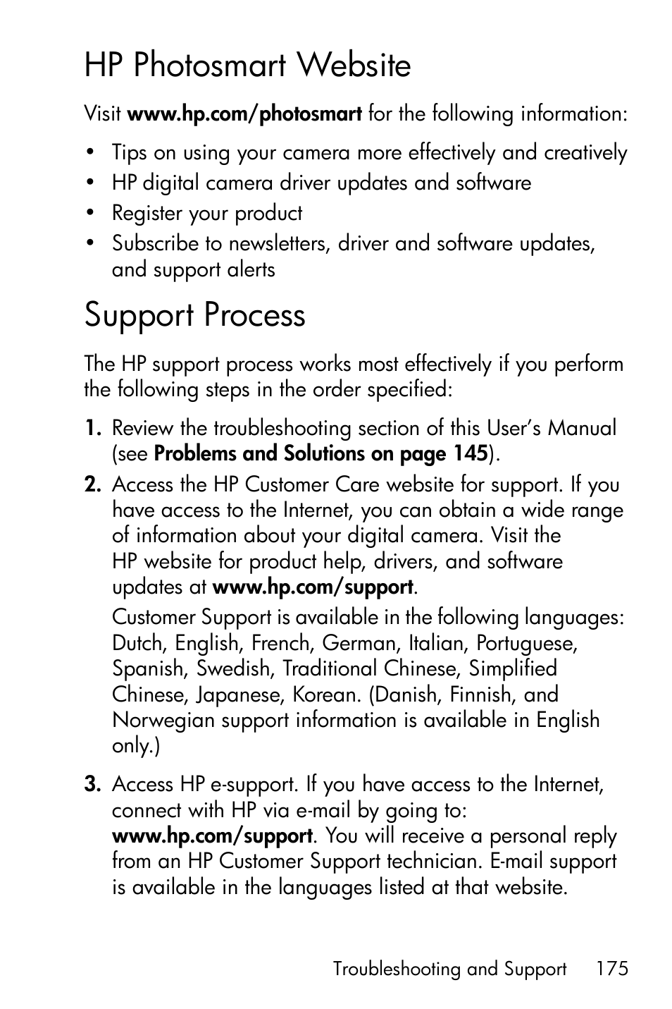 Hp photosmart website, Support process | HP R717 User Manual | Page 175 / 217