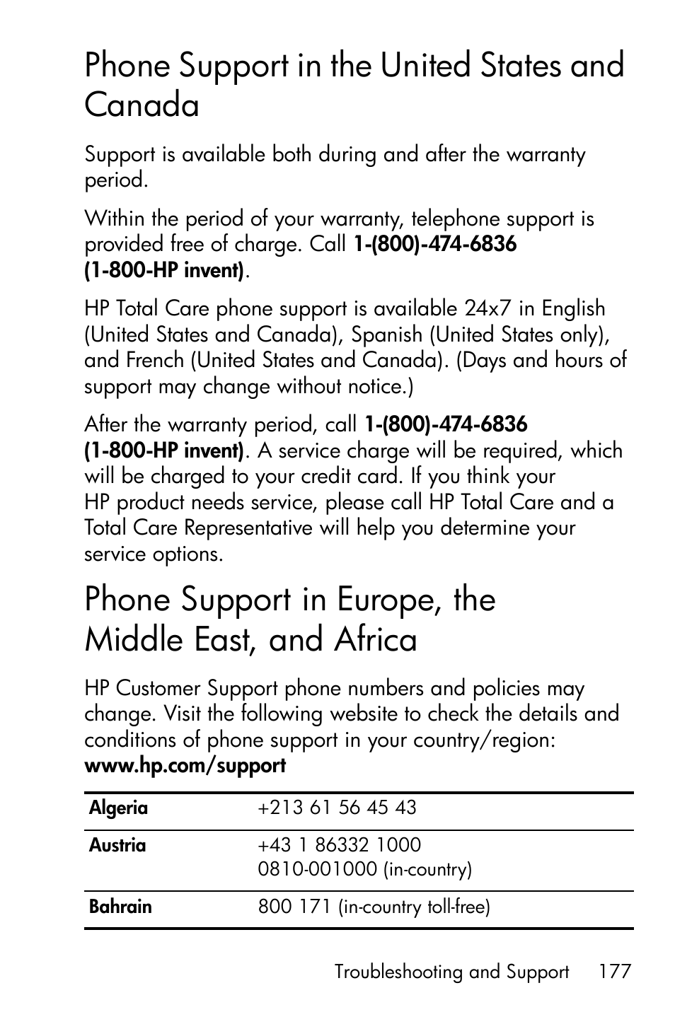 Phone support in the united states and canada, Phone support in the united states, And canada | Phone support in europe, the middle east, And africa | HP R717 User Manual | Page 177 / 217