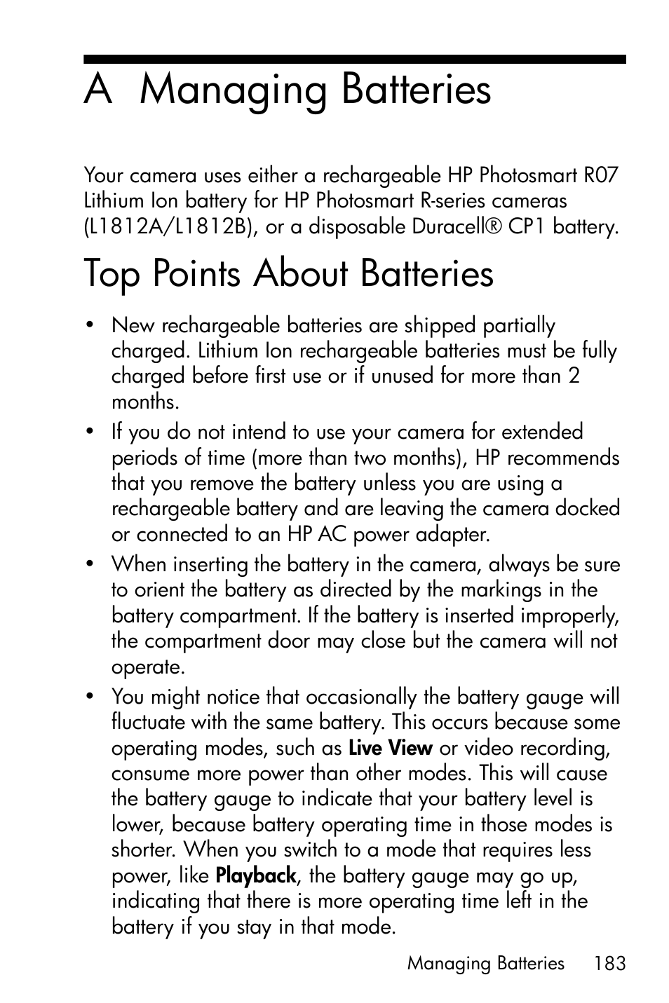 Managing batteries, Top points about batteries, Appendix a, managing | A managing batteries | HP R717 User Manual | Page 183 / 217