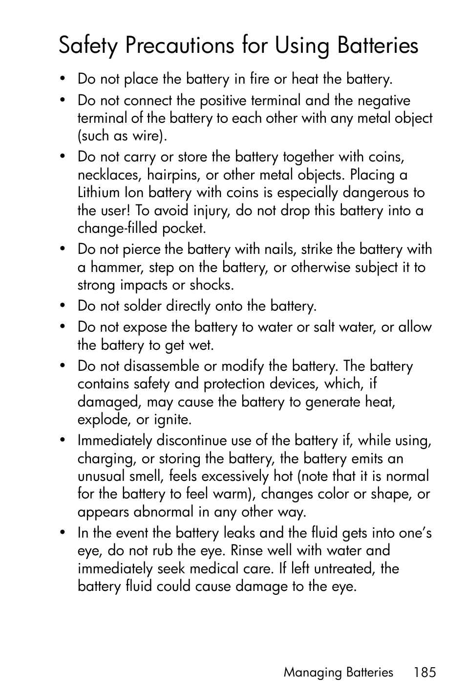 Safety precautions for using batteries | HP R717 User Manual | Page 185 / 217