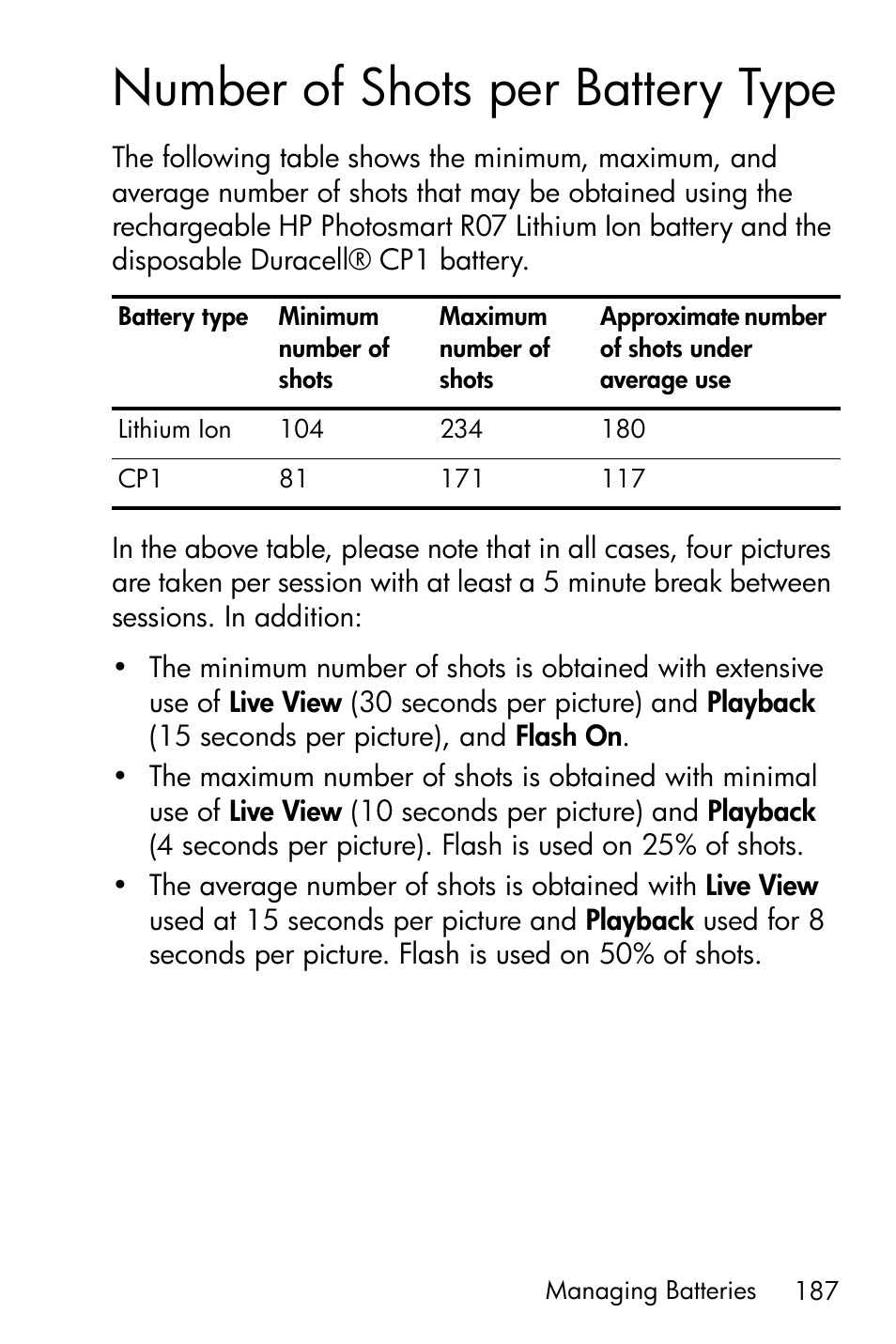 Number of shots per battery type | HP R717 User Manual | Page 187 / 217