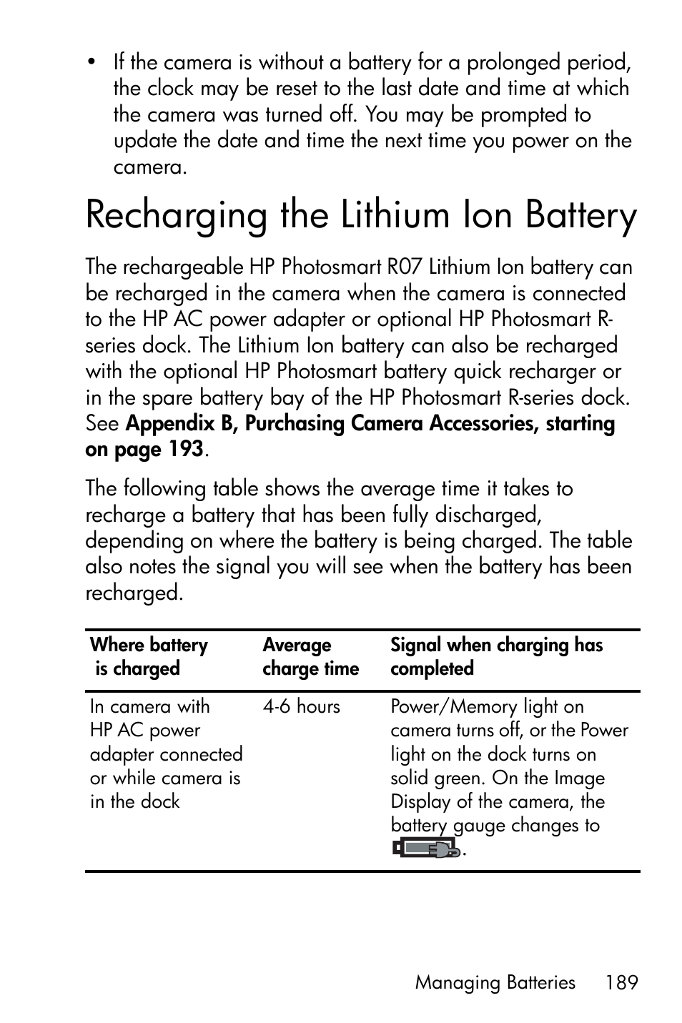 Recharging the lithium ion battery | HP R717 User Manual | Page 189 / 217