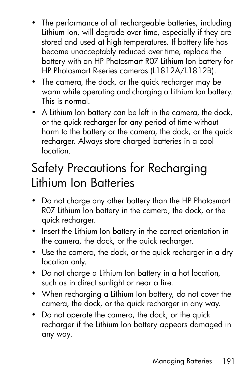 Safety precautions for recharging, Lithium ion batteries | HP R717 User Manual | Page 191 / 217