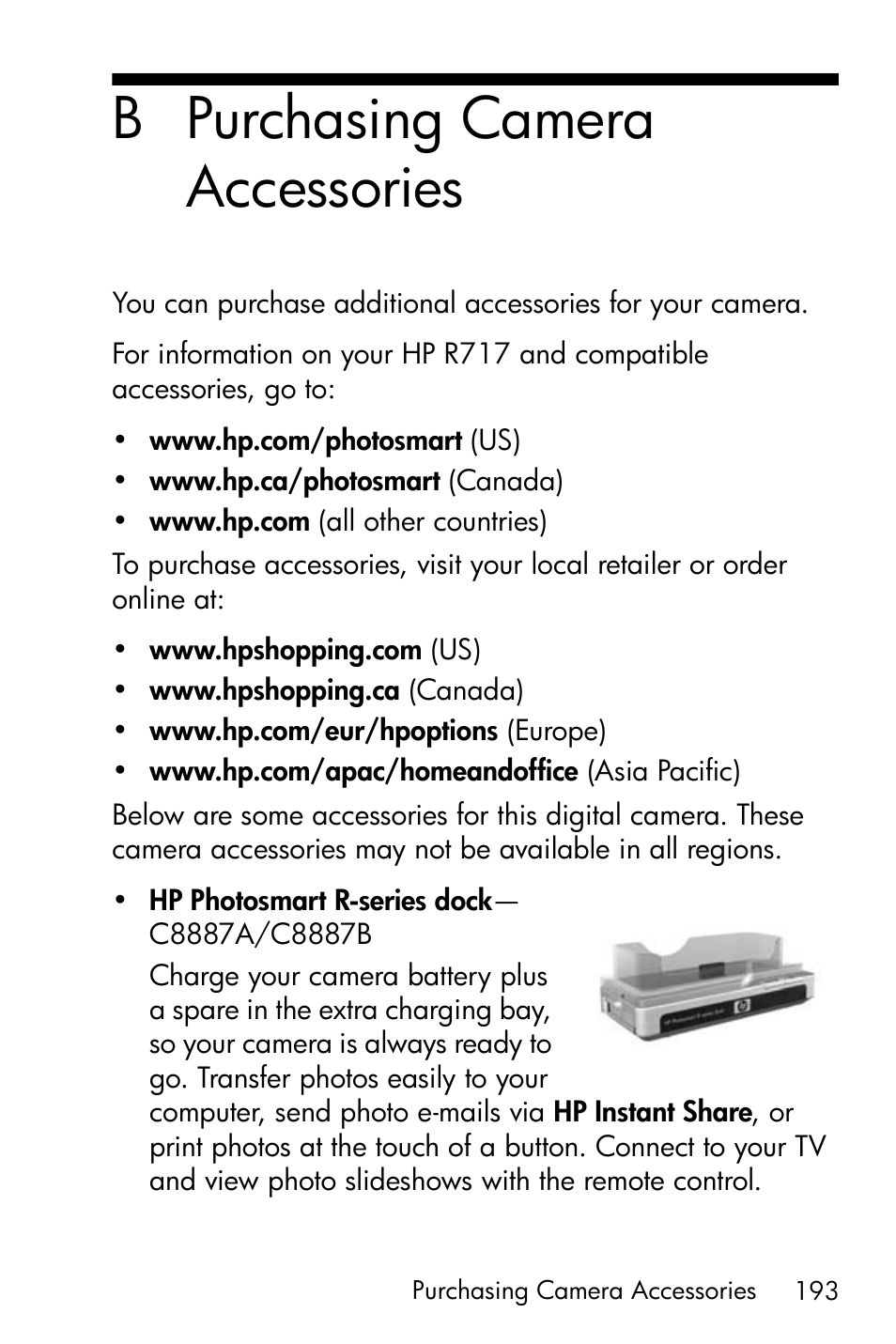 Purchasing camera accessories, Ee appendix b, B purchasing camera accessories | HP R717 User Manual | Page 193 / 217