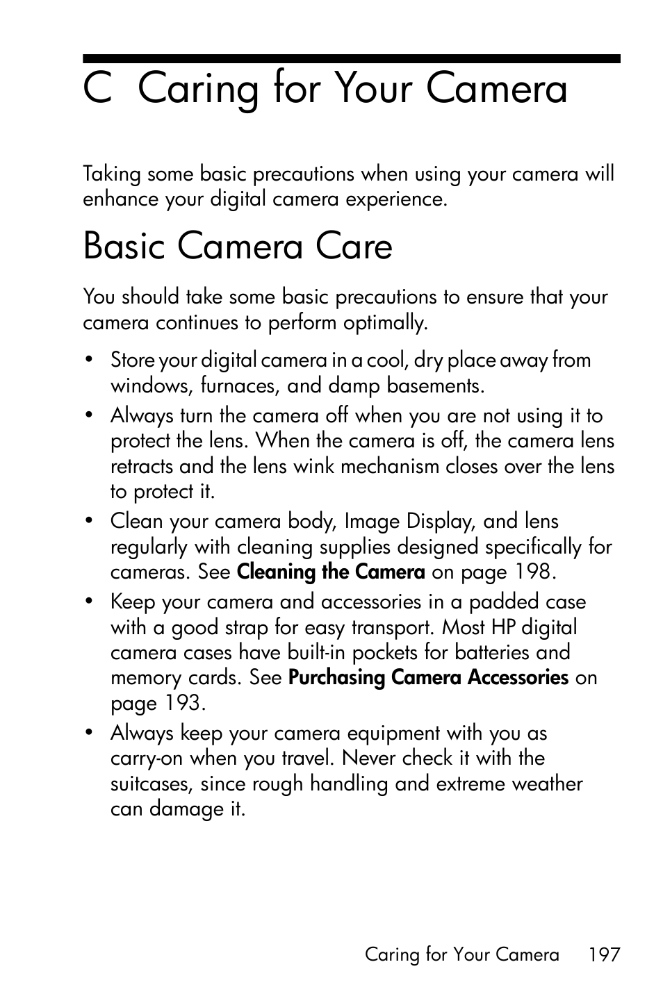 Caring for your camera, Basic camera care, C caring for your camera | HP R717 User Manual | Page 197 / 217