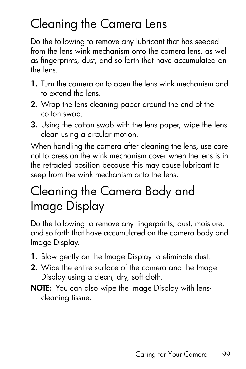 Cleaning the camera lens, Cleaning the camera body and image display, Cleaning the camera body and | Image display | HP R717 User Manual | Page 199 / 217