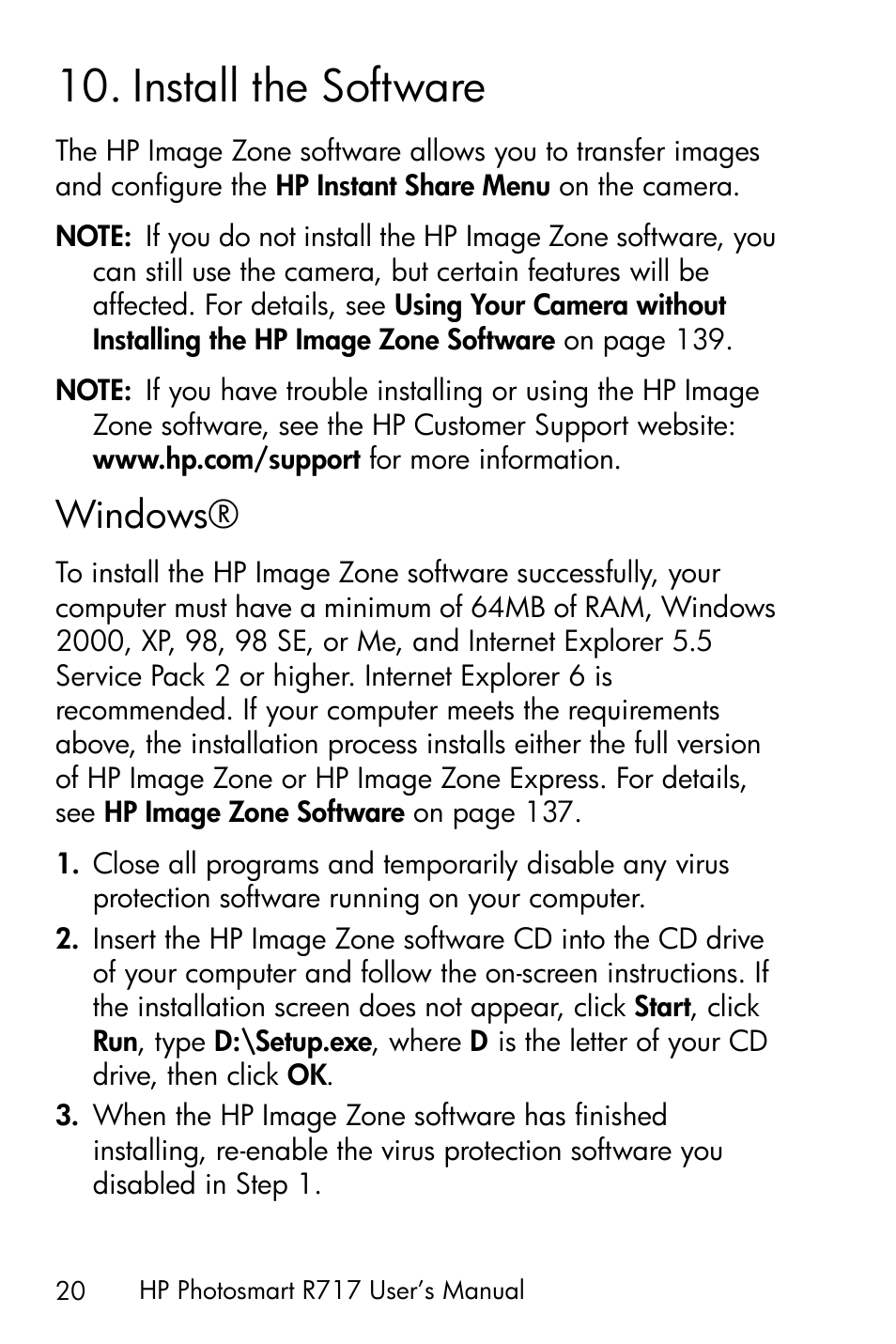 Install the software, Windows, 10 install the software | HP R717 User Manual | Page 20 / 217