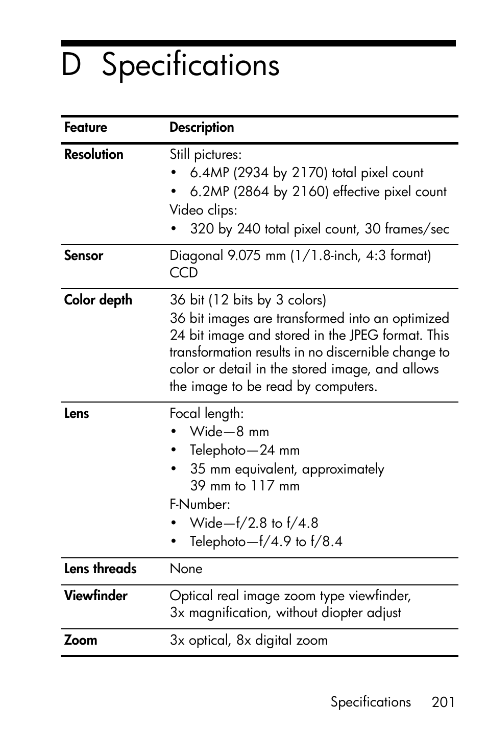 Specifications, D specifications | HP R717 User Manual | Page 201 / 217