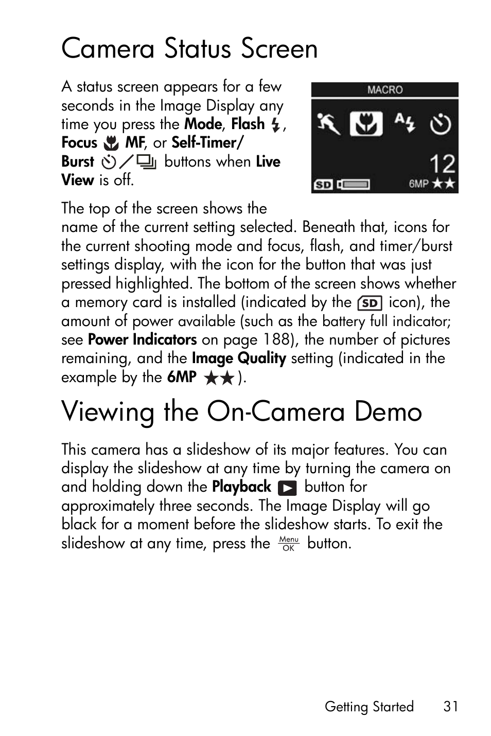 Camera status screen, Viewing the on-camera demo | HP R717 User Manual | Page 31 / 217