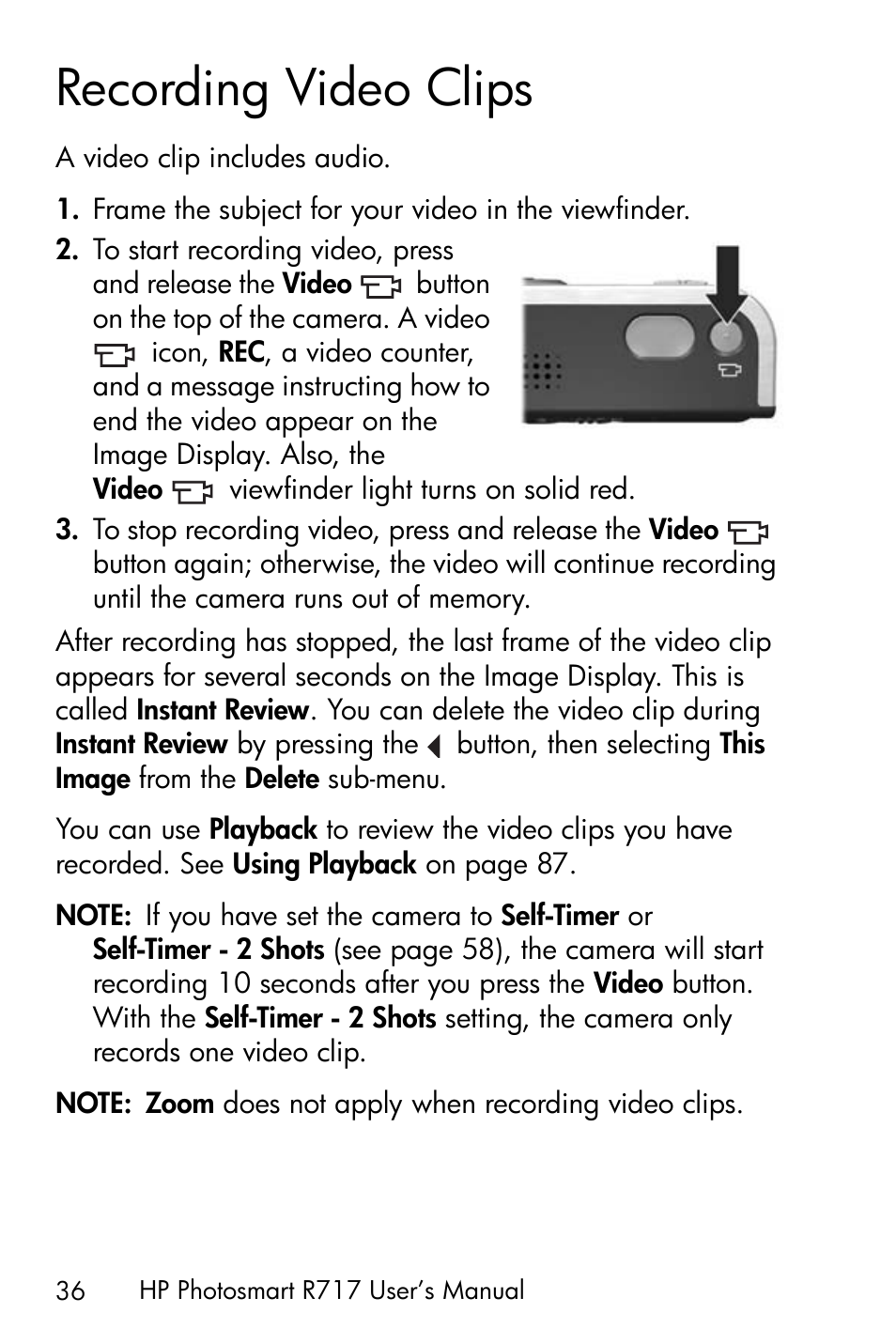 Recording video clips | HP R717 User Manual | Page 36 / 217