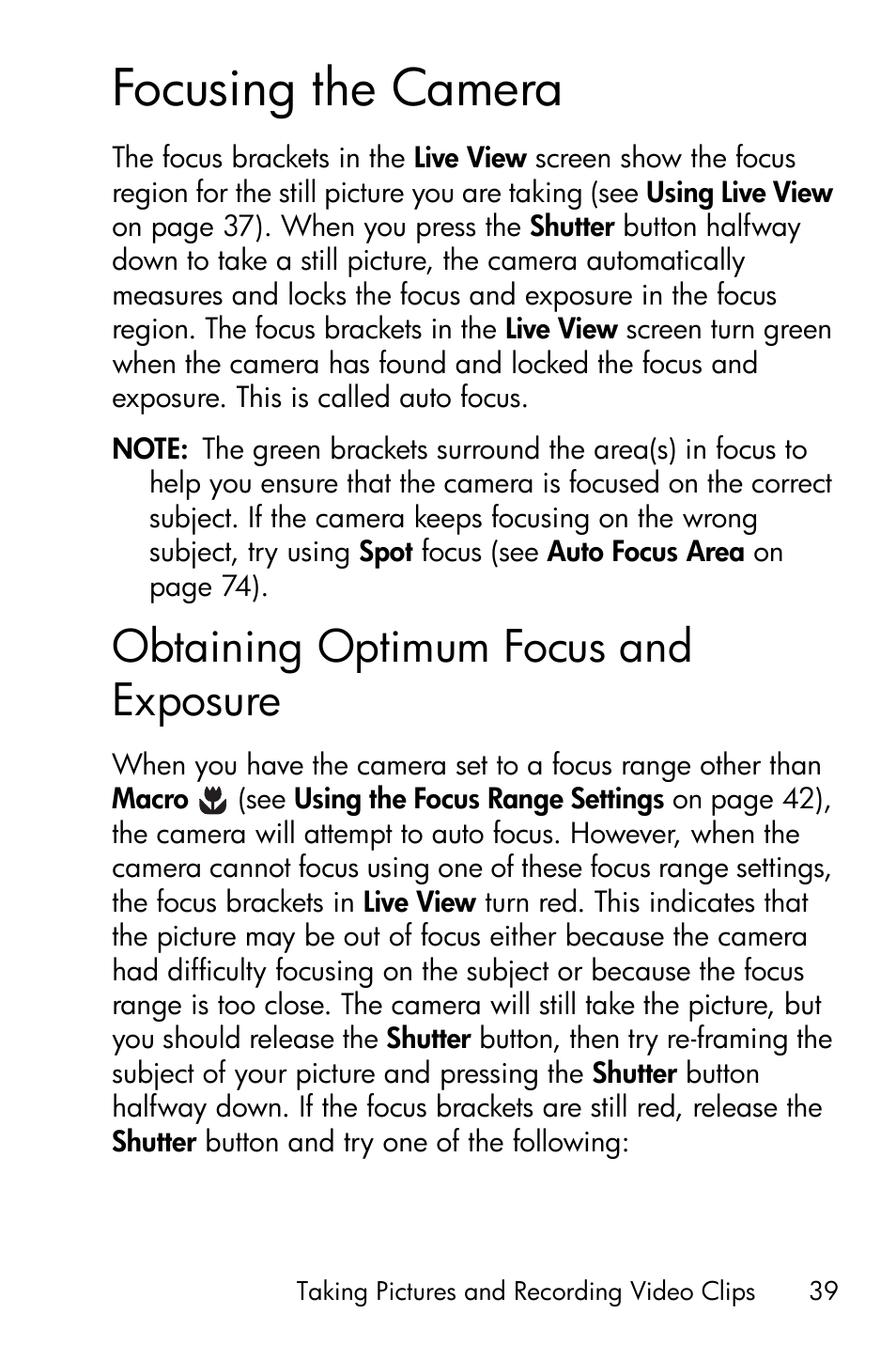 Focusing the camera, Obtaining optimum focus and exposure | HP R717 User Manual | Page 39 / 217