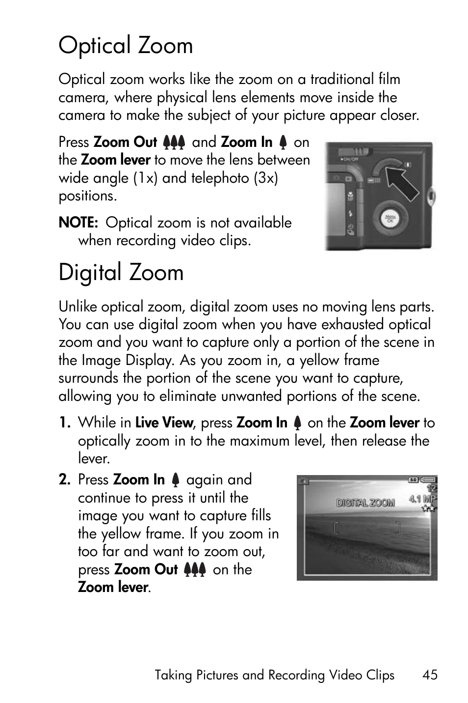 Optical zoom, Digital zoom | HP R717 User Manual | Page 45 / 217