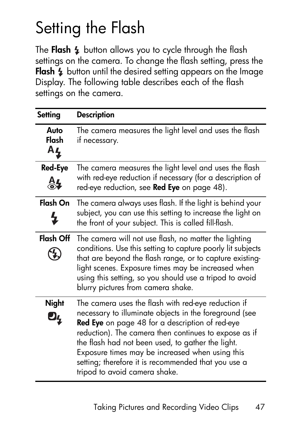 Setting the flash, Setting the | HP R717 User Manual | Page 47 / 217