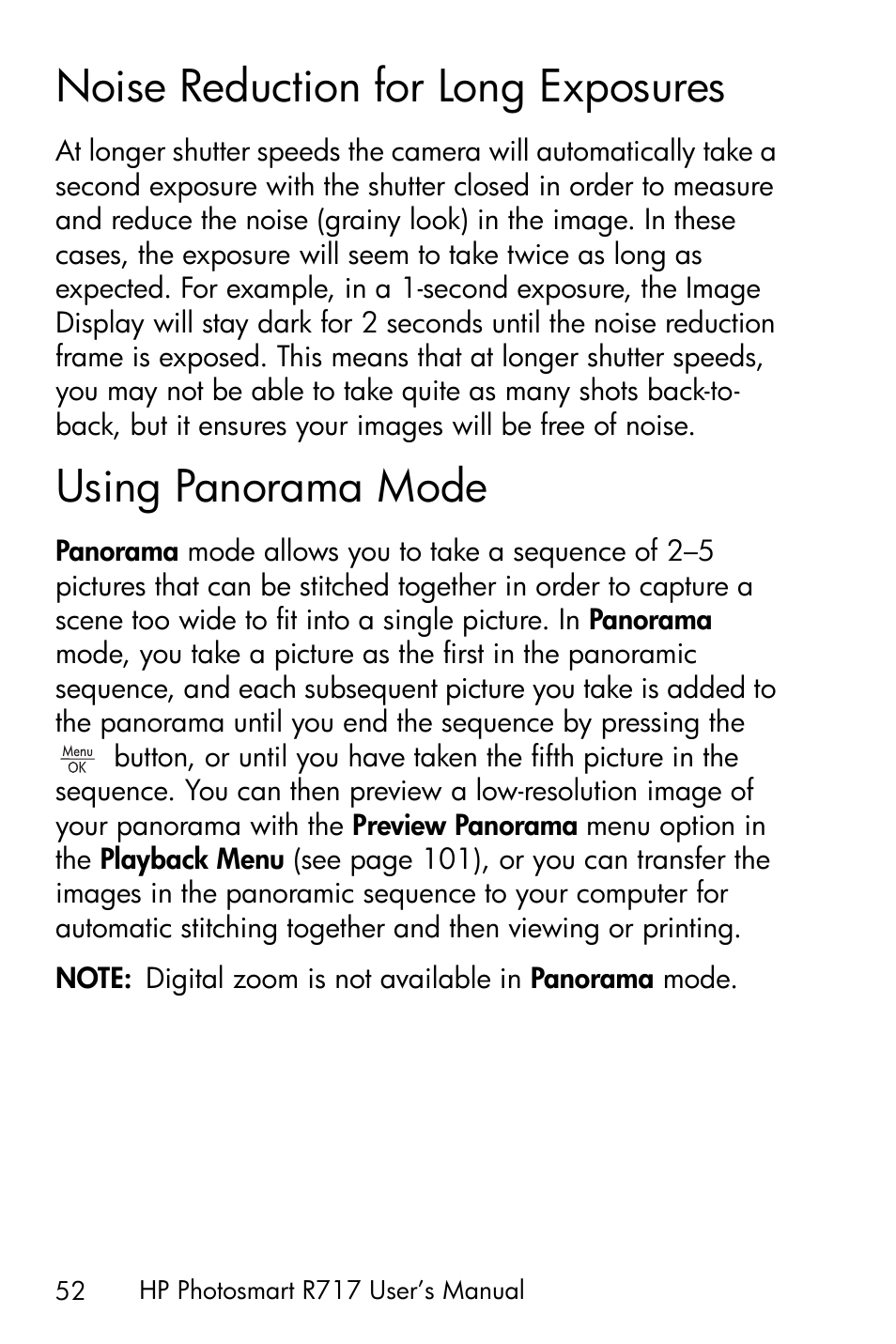 Noise reduction for long exposures, Using panorama mode | HP R717 User Manual | Page 52 / 217