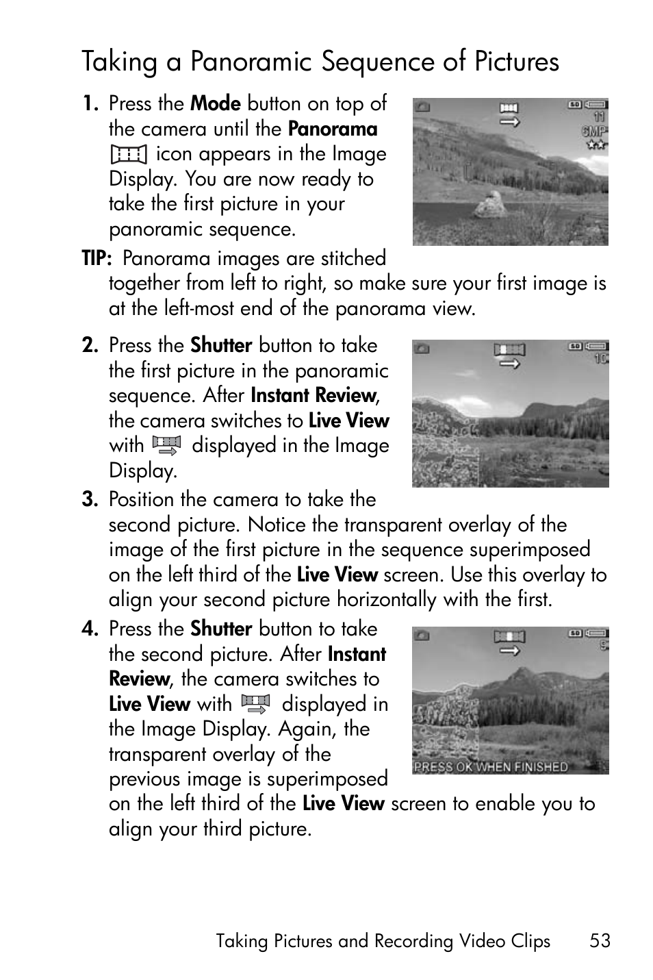 Taking a panoramic sequence of pictures, Taking a panoramic sequence of pictures . 53 | HP R717 User Manual | Page 53 / 217
