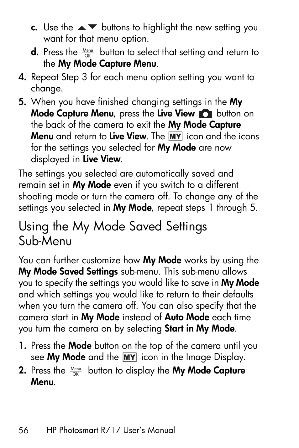 Using the my mode saved settings sub-menu, Using the my mode saved settings, Sub-menu | HP R717 User Manual | Page 56 / 217