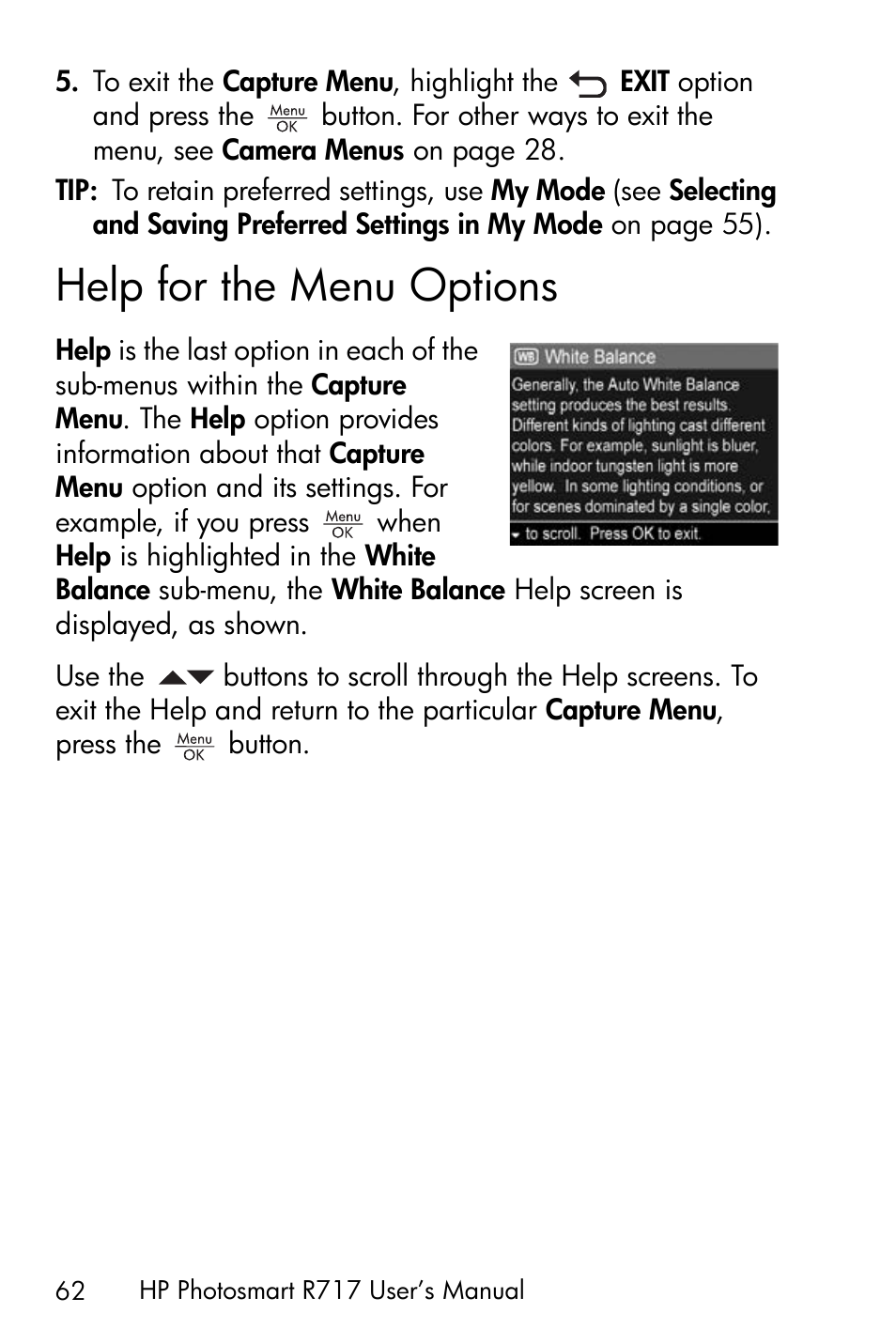 Help for the menu options | HP R717 User Manual | Page 62 / 217