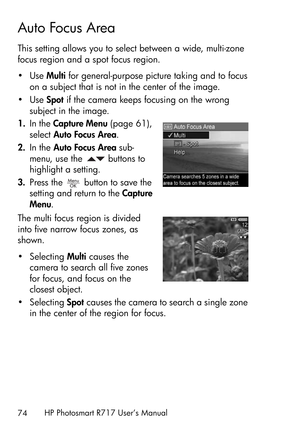Auto focus area, Ee auto focus area on | HP R717 User Manual | Page 74 / 217