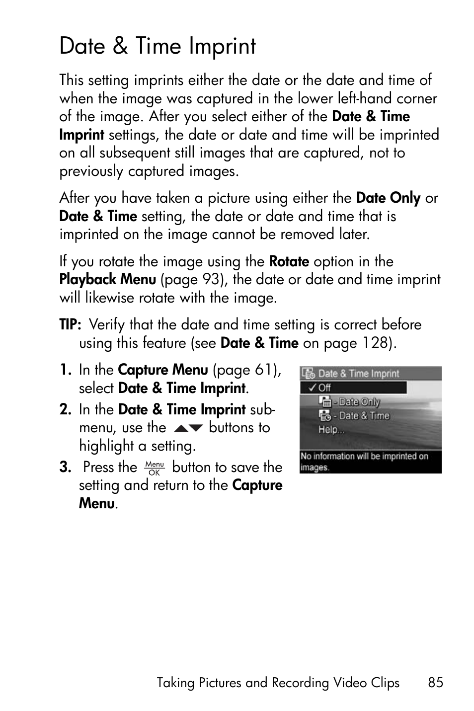 Date & time imprint, Ee date & time imprint on | HP R717 User Manual | Page 85 / 217