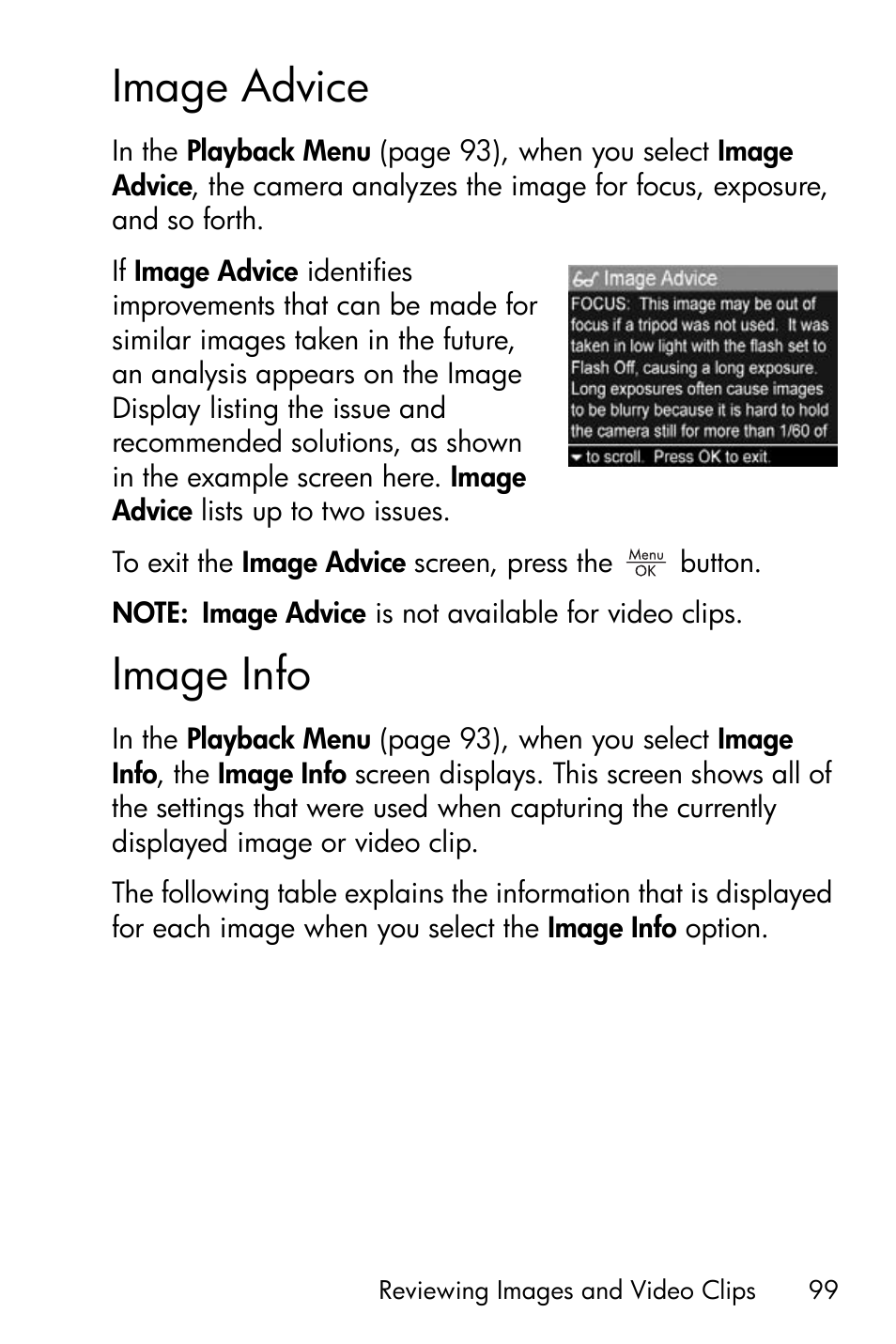 Image advice, Image info | HP R717 User Manual | Page 99 / 217